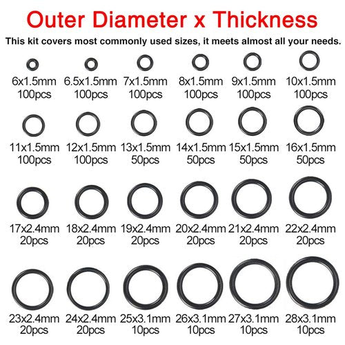 KOOTANS Nitrile Rubber O Ring Kit - 1200 Pcs Assortment in 24 Sizes for Plumbing & Automotive Repairs