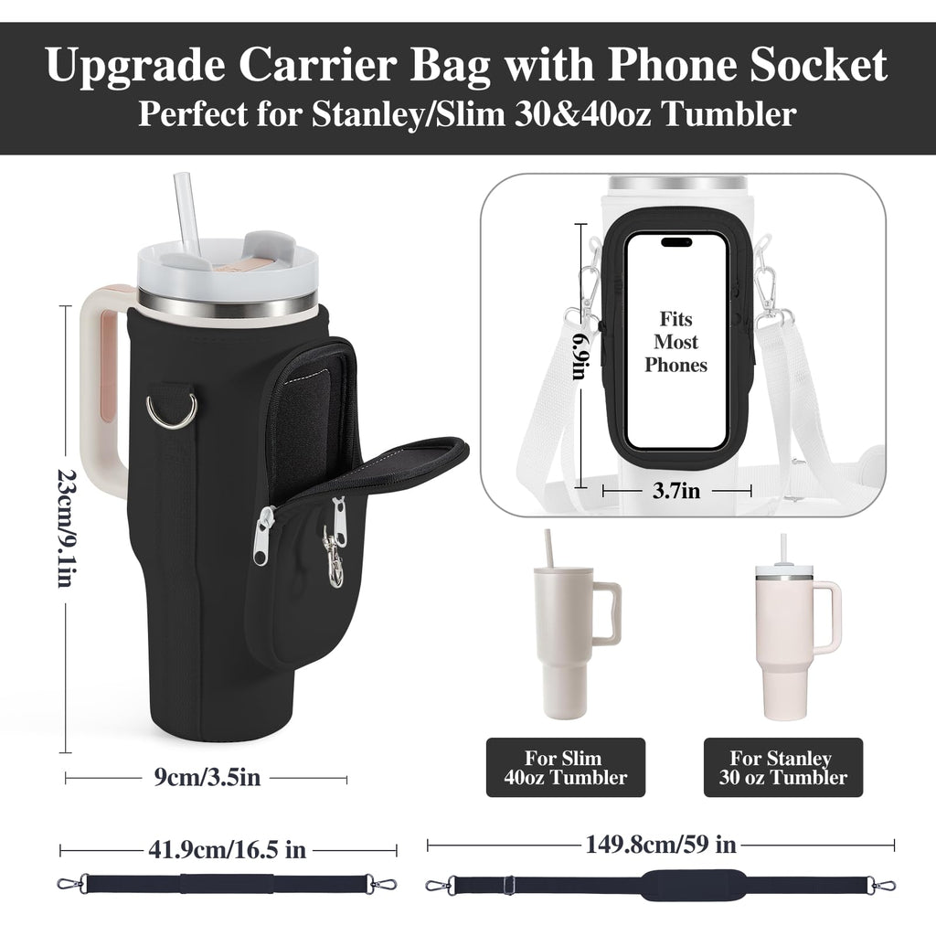 linmaya Water Bottle Carrier Bag for Stanley Cup 40/30oz with Phone Holder Pockets,Neoprene Water Bottle Cross-body Bag with Adjustable Shoulder & Hand Strap Stanley Cup Accessories
