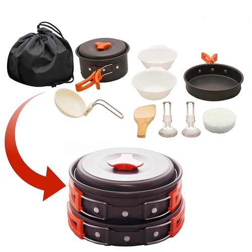 12 PCS Lightweight Camping Cookware Set – Non-Stick Pots, Pans & Utensils for Backpacking, Hiking & Outdoor Cooking – Compact Mess Kit for 2-3 People (Orange, Aluminum)