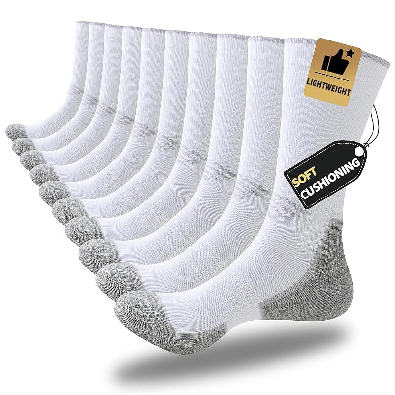 JOYNÉE 5/10 Pairs Men’s Lightweight Athletic Crew Socks – Cushioned Breathable Long Socks White (5 Pairs) Large