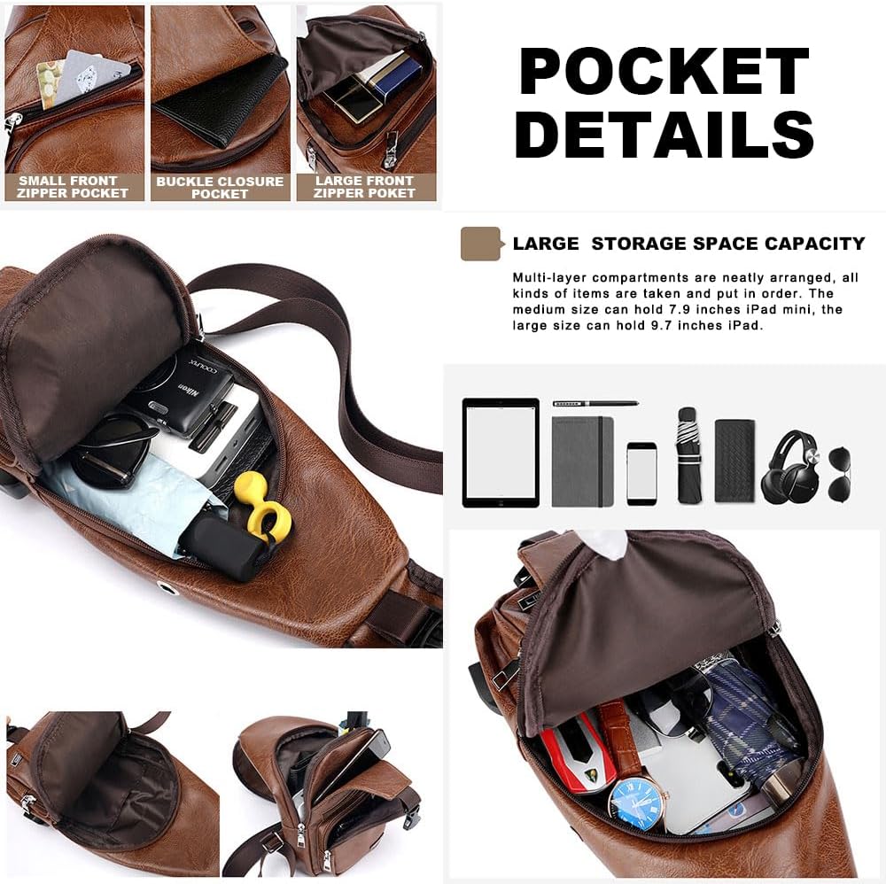 Peicees Leather Sling Bag - Men's Crossbody Backpack with USB Charging Port | Stylish & Functional