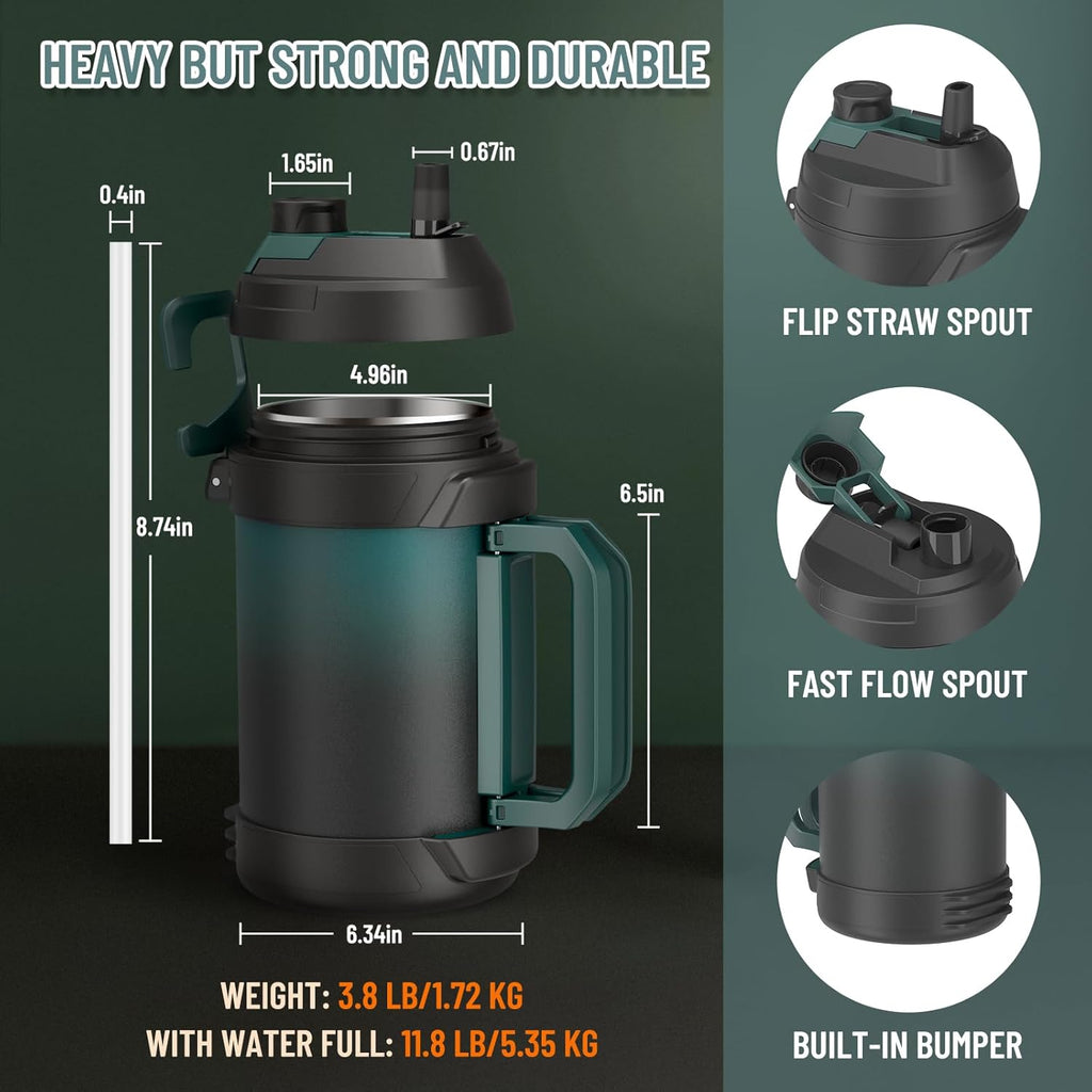Zukro 1 Gallon Insulated Water Jug - Triple Wall Stainless Steel Bottle Keeps Drinks Cold 48 Hours | Black
