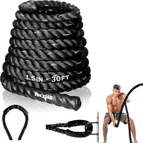 Yes4All 1.5 Inch Battle Ropes with Extra Protective Sleeve, Workout Ropes for Cross-Training Home Gym & Fitness Exercises, Strength Training - 30 Feet Lengths Available