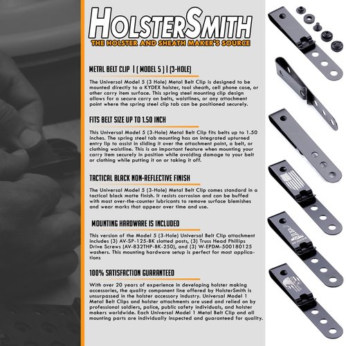 HolsterSmith Universal Metal Belt Clip for Holster Making - (Model 5) - (3-Hole) - (Tactical Black) - (w/SPTHA Mounting Hardware) - (2 Pack)