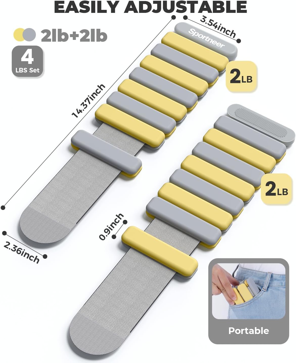 Sportneer Adjustable Wrist & Ankle Weights - 4 lbs Total for Gym, Yoga & Strength Training
