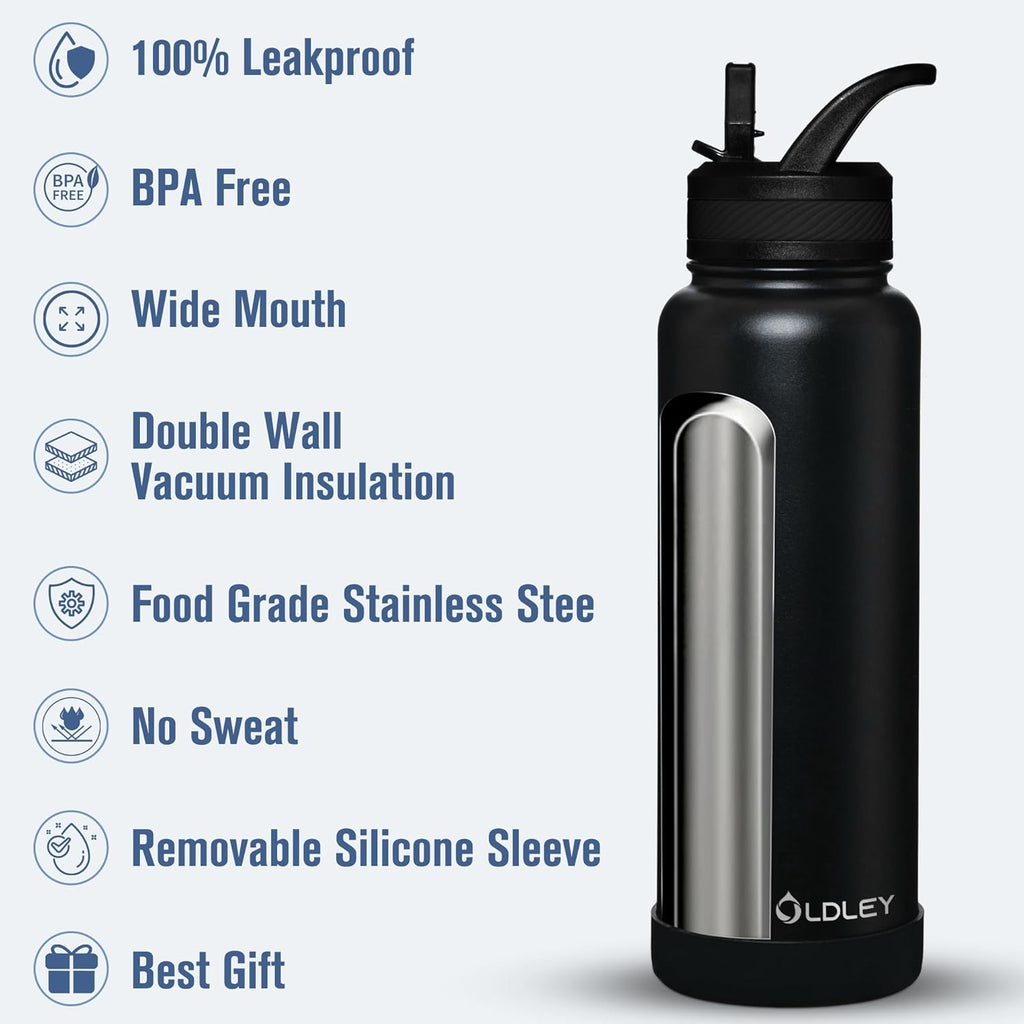 OLDLEY 40 oz Insulated Water Bottle - Stainless Steel Sports Flask with 3 Lids | Black Travel Mug