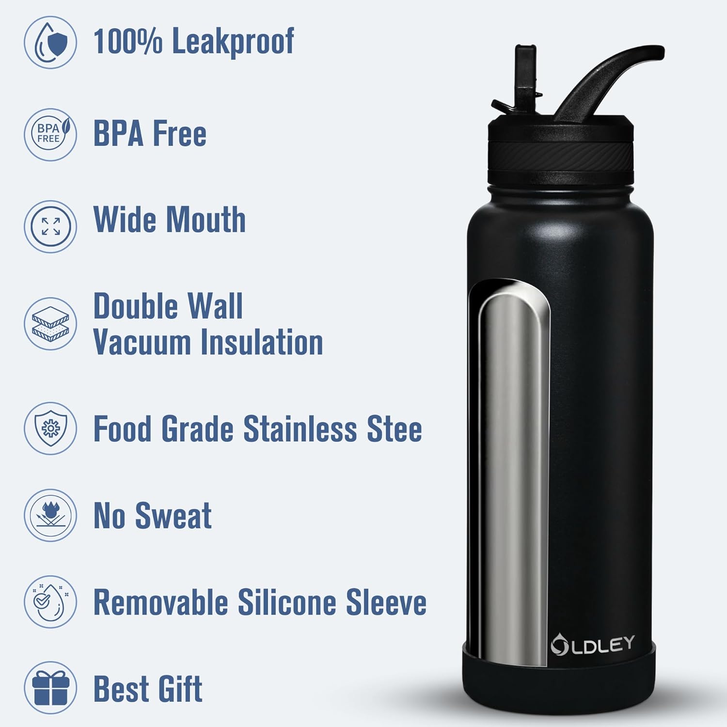 OLDLEY 40 oz Insulated Water Bottle - Stainless Steel Sports Flask with 3 Lids | Black Travel Mug