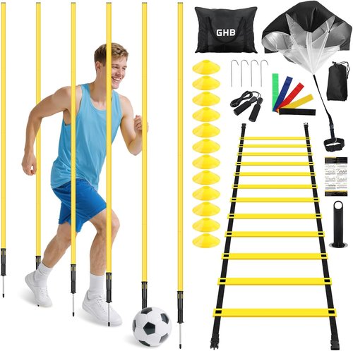 GHB Soccer Agility Training Set - 6 Agility Poles, 20ft Speed Ladder & Resistance Parachute