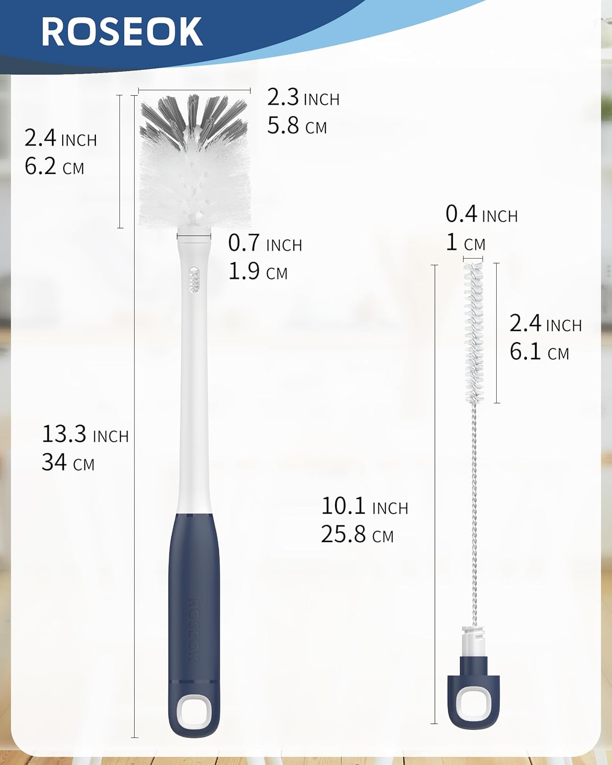 ROSEOK 2-in-1 Long Handle Bottle Brush - Perfect for Cleaning Glasses & Sports Bottles | Navy Blue, 1 Pack