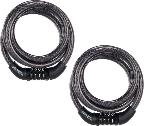 Master Lock Black Set | Preset Combination Bike Lock - Weather Resistant Vinyl Coating, 4 Feet Long, Pack of 2