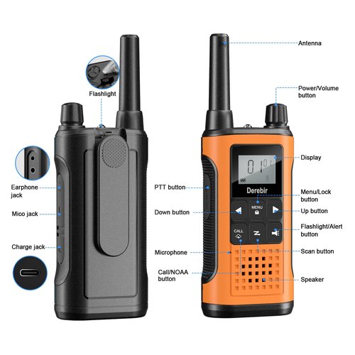 Derebir Walkie Talkies Long Range for Adults-2 Pack Rechargeable Walkie Talkies 22 FRS Channels 2-Way Radios with NOAA Weather Alert,VOX,Flashlight and 1500mAh Li-ion Battery for Family Camping Hiking