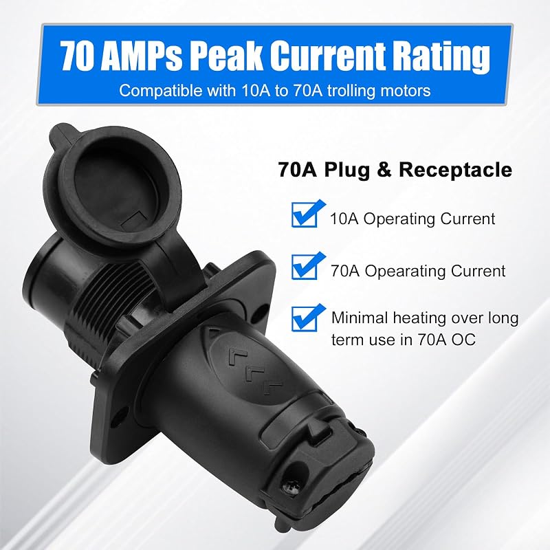 70A Trolling Motor Plug & Receptacle for 2/3-Wire Systems, 12V-48V Marine Power Connector