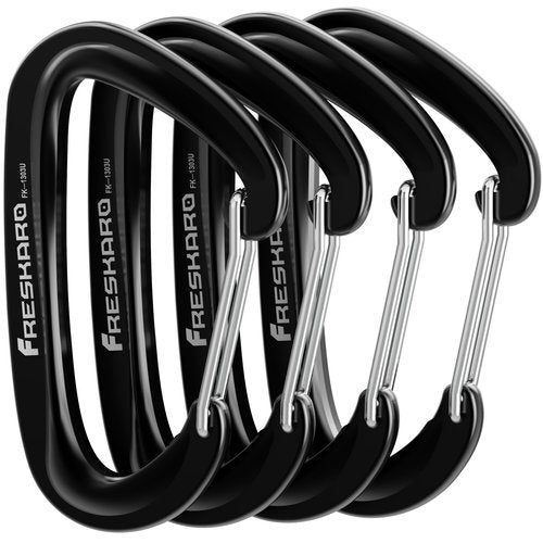 FresKaro Wiregate Carabiner Clip, 12kN(2698lbs), Suit for Backpacking Gear or as a Hiking Accessories - 4pack of Black D Ring Wire Gate Carabiners