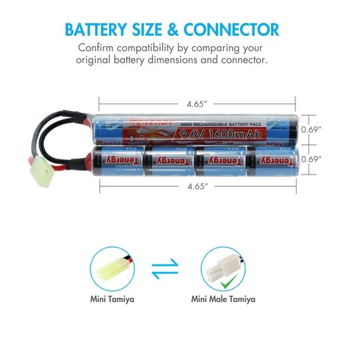 Tenergy 9.6V NiMH 1600mAh Rechargeable Butterfly Battery Pack with Mini Tamiya Connector for AEG