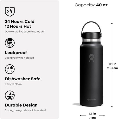 Hydro Flask Water Bottle - Insulated Stainless Steel - Wide Mouth Flex Lid, Non Spill, Leakproof and Refillable in 40 Oz Capri Blue
