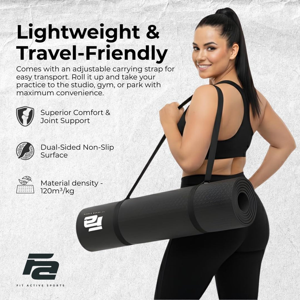 Fit Active Sports Oversized 6’ x 4’ Extra Large Workout Mat with Carry Bag & Straps — Heavy-Duty, Non-Slip Exercise & Equipment Large Mat for Home Gyms, Lifting & Training, Roll-Up | Black