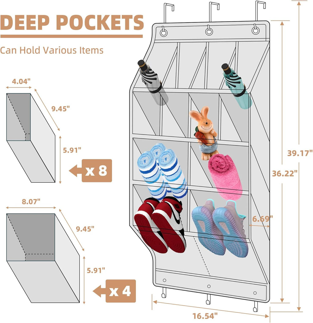 Storage Maniac Over Door Shoe Organizer - 2 Pack with 12 Large Pockets for Efficient Closet Storage | Grey
