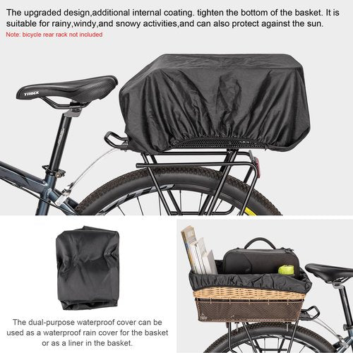 CXWXC Rear Bike Basket - Large Bicycle Rear Basket with Cargo Net and Waterproof Cover, Hand-Woven Baskets Rear Large Capacity (Brown)
