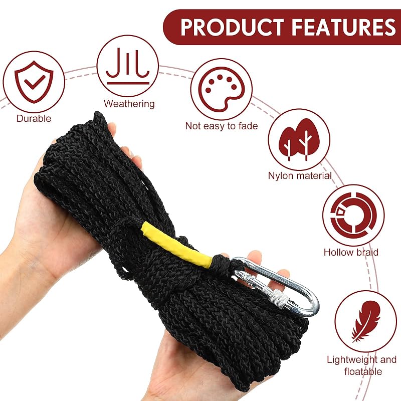 Shappy Black 15 m Floating Life Ring Rope - 1/4 in Polypropylene with Stainless Steel Hook