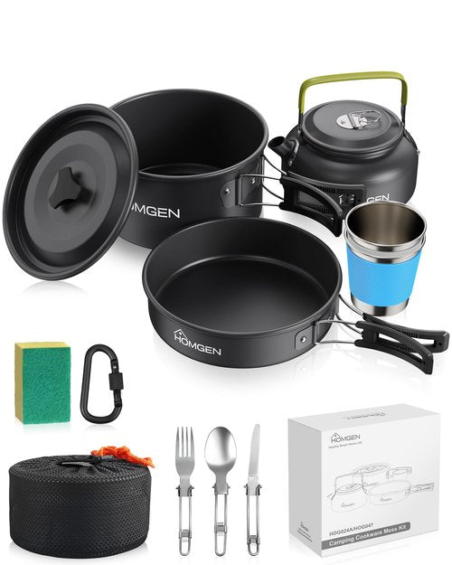 HOMGEN 12pcs Ultralight Anodized Aluminum Camping Cookware Set for 2 People - Nesting Pot/Pan with Foldable Handles 800ml Insulated Teapot & Stainless Cups- Compact Backpacking Gear for Camping Hiking