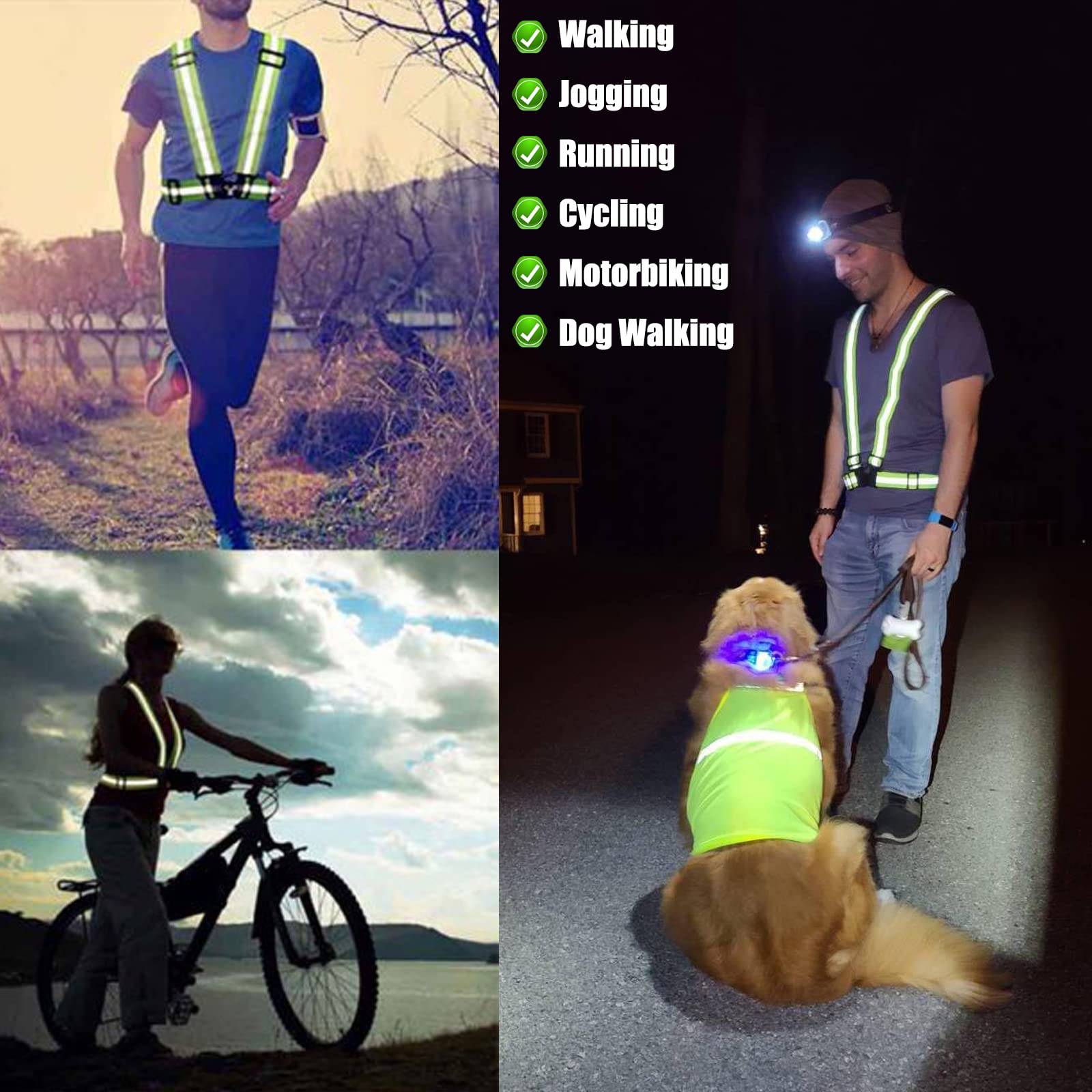 Bighaki808 Safety Vest Reflective Running Gear, Adjustable Safety Vests Outdoor Lightweight Reflective Belt 360°High Visibility for Night Running, Walking(Fluorescent Green+Black+Blue)