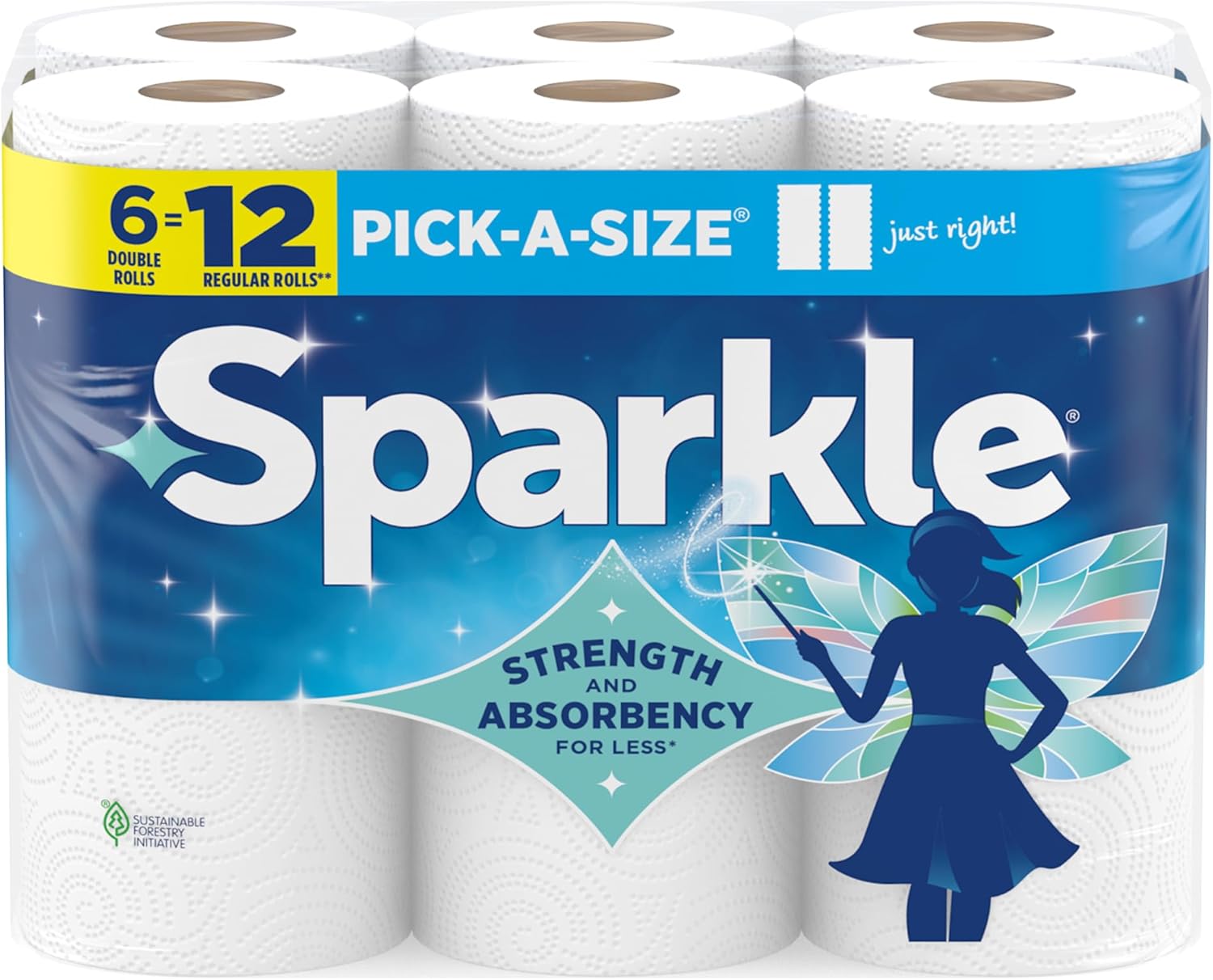 Sparkle Paper Towels - Strong 2-Ply Pick-A-Size, 6 Double Rolls (660 Sheets) for Kitchen Cleanup