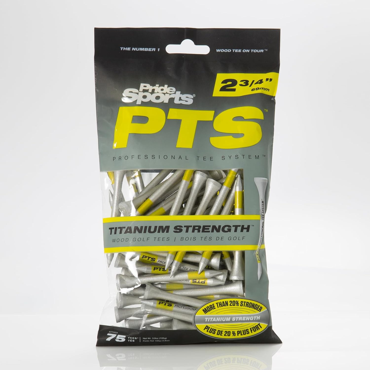 PrideSports PTS Titanium Strength Golf Tees - 75 Count, 2-3/4 Inch | 8% Thicker Shaft for Enhanced Durability