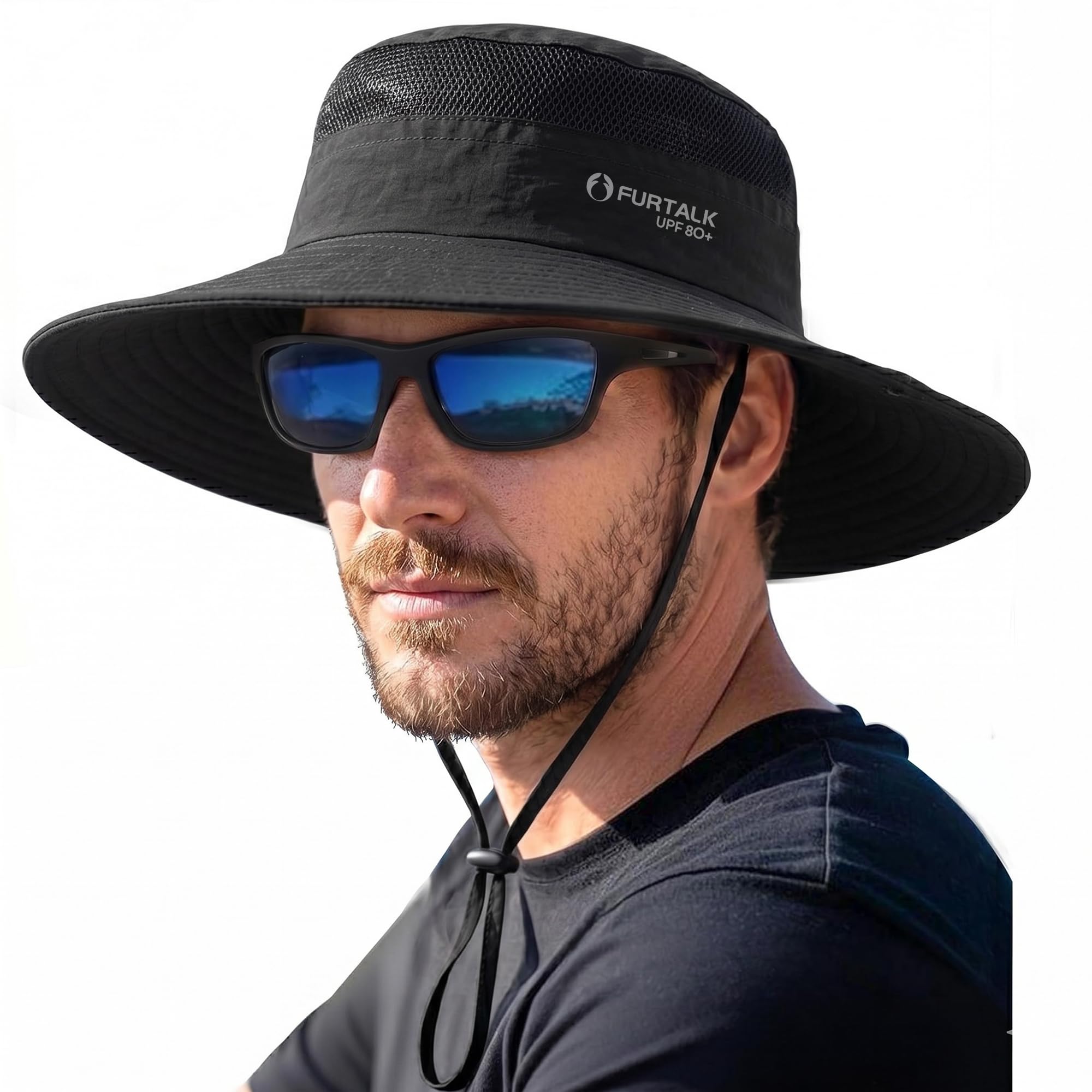 FURTALK Sun Hats for Men Women Fishing Hat UPF 80+ Breathable Wide Brim Hiking Summer UV Protection Bucket Hats Black