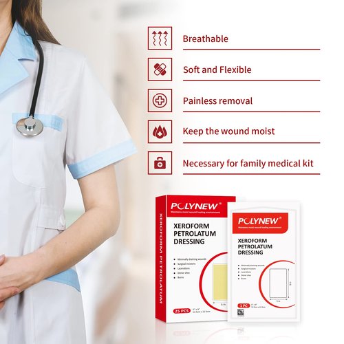 POLYNEW Xeroform Petrolatum Dressing 5"x9", 25 PCS Non-Adherent Gauze for Low Exudating Wounds, Fine Mesh Gauze Pads for Burns, Abrasions, Lacerations, Skin Grafts and Surgical Incisions