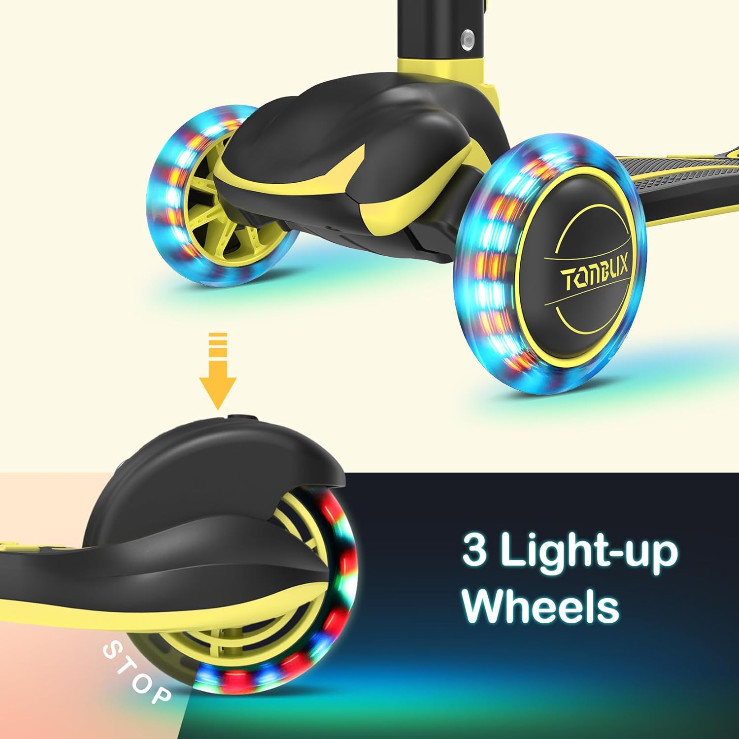 TONBUX Kids Scooter - Light Up 3-Wheel Kick Scooter for Ages 3-12 | Adjustable Height & Anti-Slip Deck