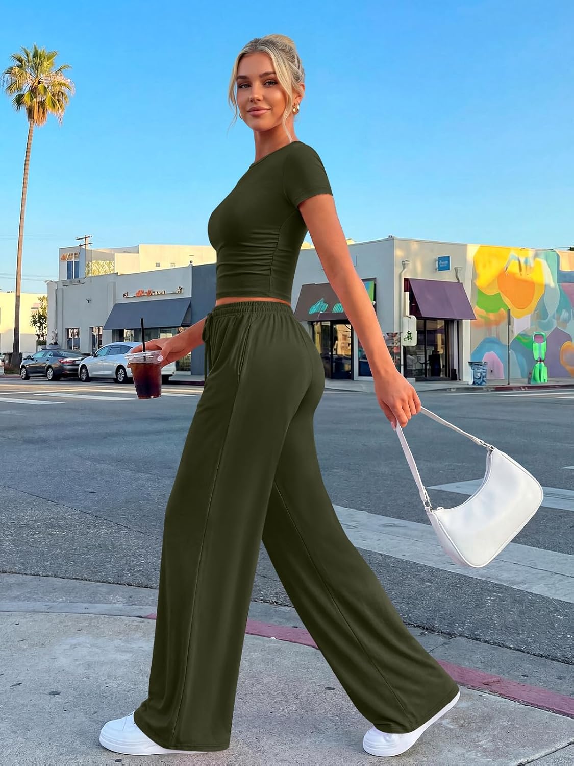 Trendy Queen | 2-Piece Summer Lounge Set for Women - Side Ruching Top & Wide Leg Pants with Pockets