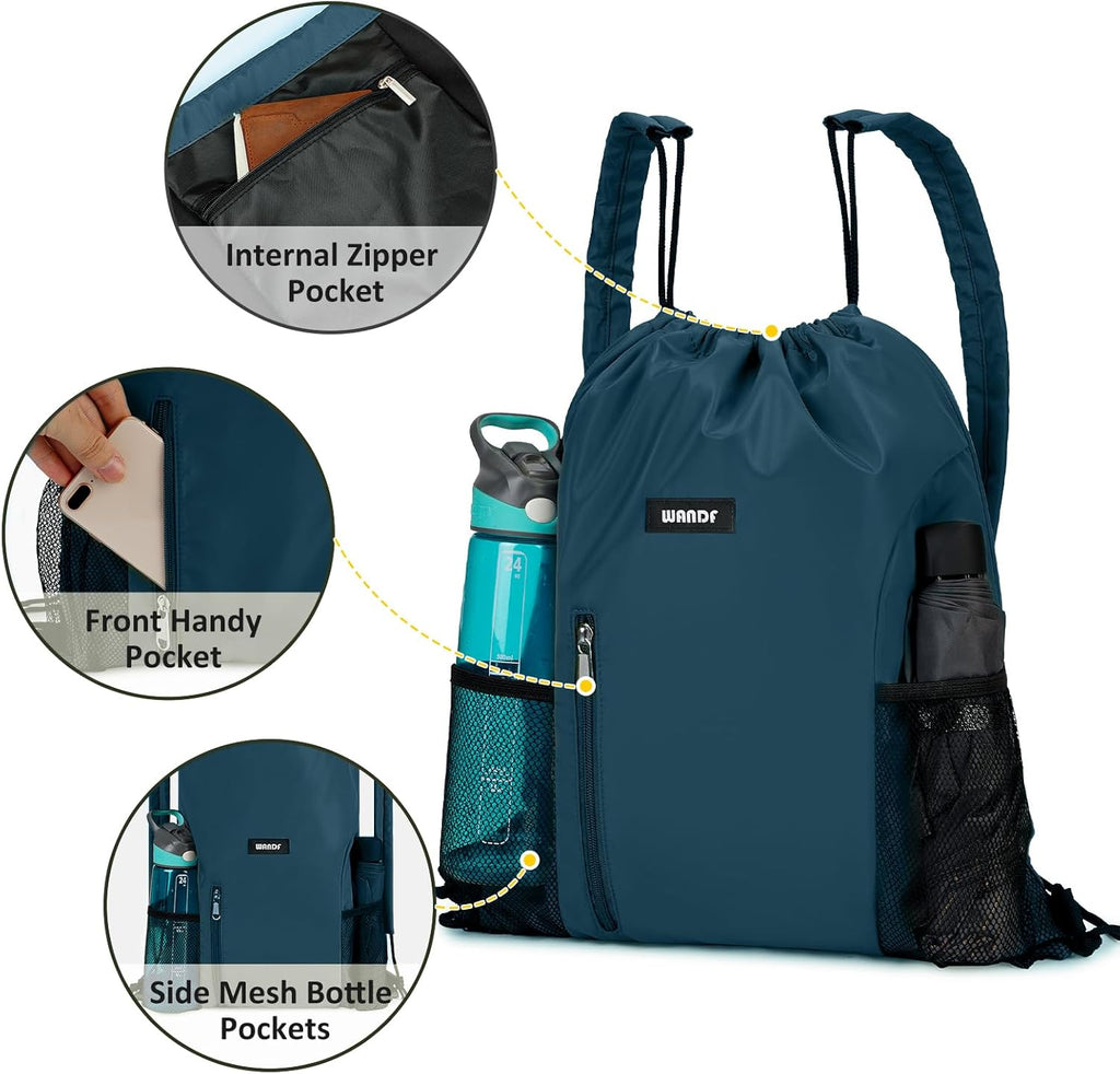 WANDF Drawstring Backpack - Comfortable Sports Gym Bag with Mesh Pocket | Blue-Green Color