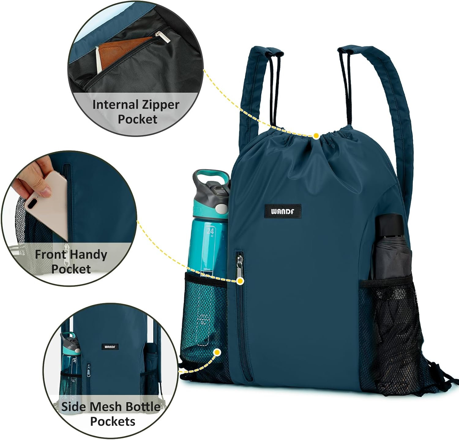 WANDF Drawstring Backpack - Comfortable Sports Gym Bag with Mesh Pocket | Blue-Green Color