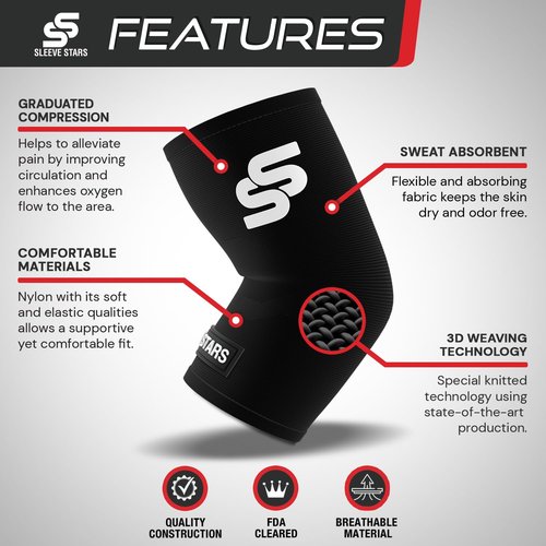 Sleeve Stars Elbow Sleeve for Pain Relief & Protection - Elbow Compression Sleeve for Women & Men - Supportive Elbow Brace for Tendonitis, Recovery & Ideal for Sports, Work (M: 8.5"-10"/Black)