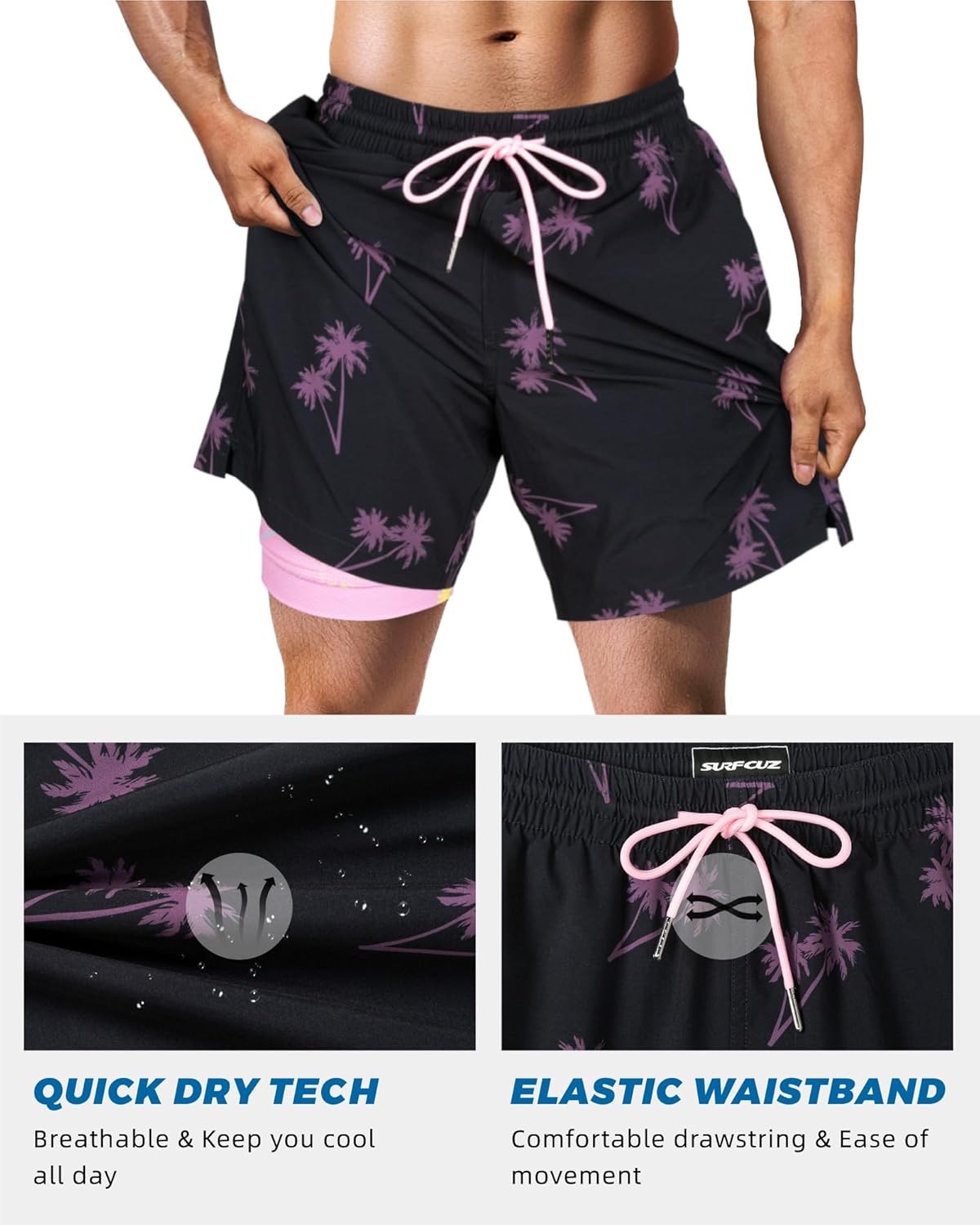 SURF CUZ Men's Swim Trunks - Quick-Dry 7" Compression Liner Shorts for Ultimate Comfort