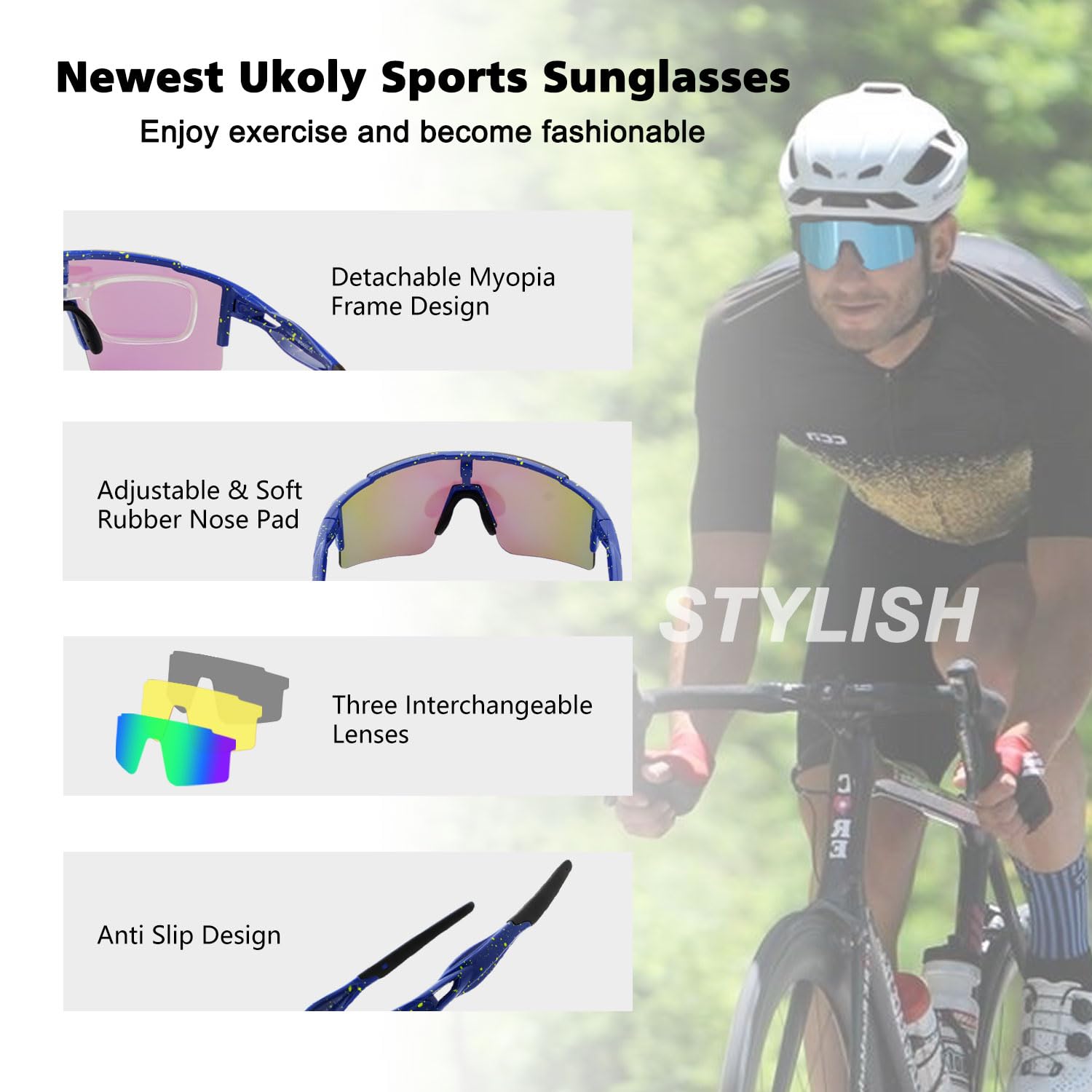 Ukoly Cycling Sunglasses for Men & Women - 3 Interchangeable Lenses, Polarized Sports Sunglasses