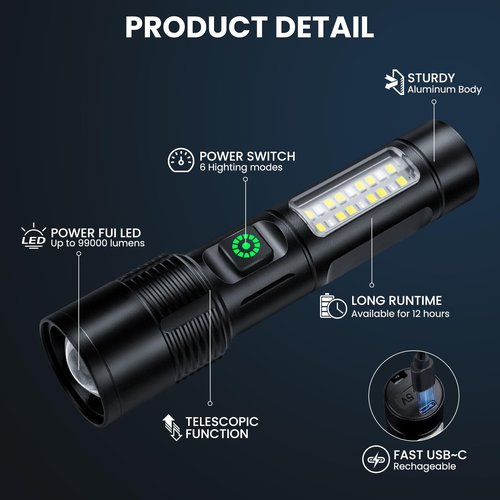 NiaoChao Rechargeable LED Flashlights High Lumens, 99000 Lumens Super Bright Flashlight with 6 Modes, Waterproof Powerful Flash Light Multifunctional Flashlights for Home Camping Hiking(3 Pack)