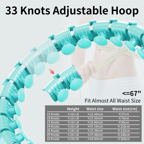 Coolboss Weighted Workout Hula Circle 33 Knots Infinity Hoola Fit Hoop Plus Size for Adult Weight Loss - Smart Exercise Waist Ring, Detachable & Adjustment Silent Fitted Equipment Cyan