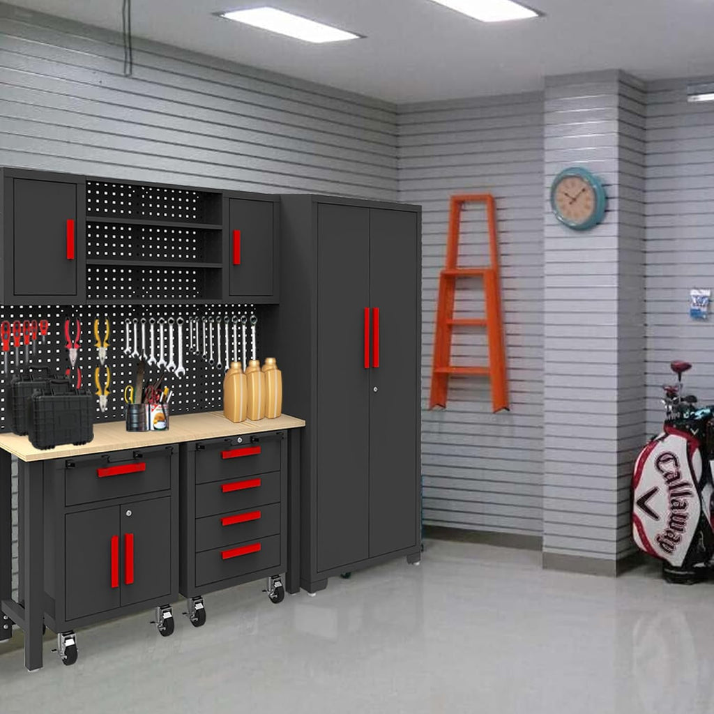 TCE Garage Cabinets Storage System - 6 Piece Steel Cabinet Set with Drawers & Rolling Chest | Black