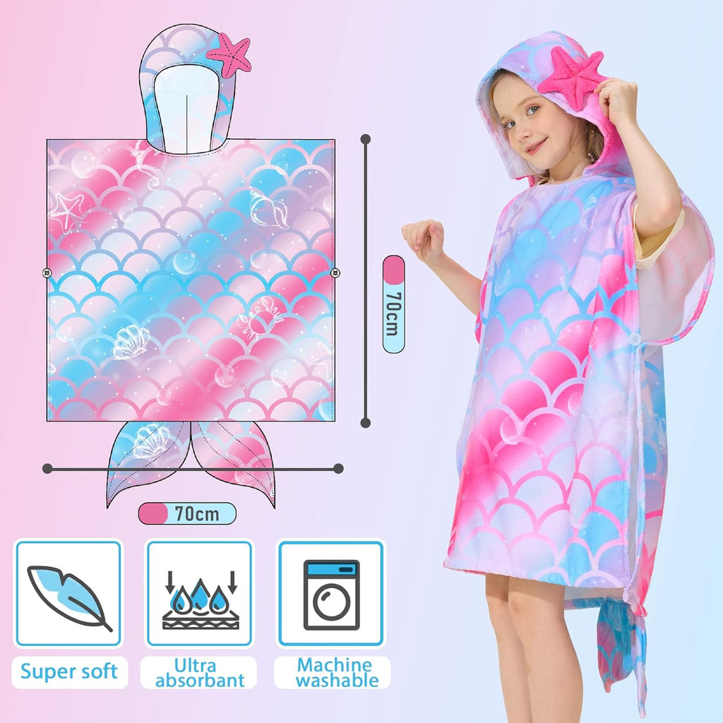 WERNNSAI Mermaid Hooded Beach Towel - Soft, Quick-Dry Poncho for Kids | 27" x 27" Sand-Free Design