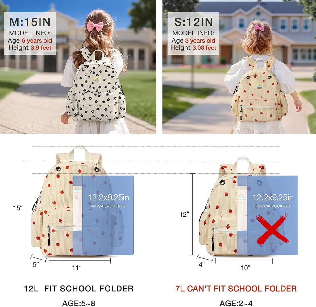 STEAMEDBUN Corduroy Toddler Backpack - Adorable Strawberry Design for Kids Ages 2-4 | 12-Inch Preschool Size