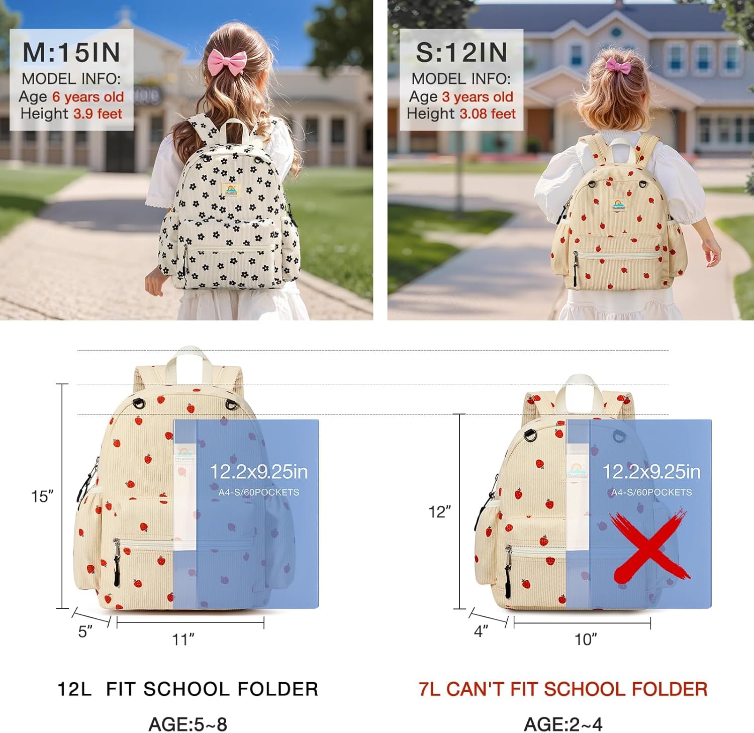 STEAMEDBUN Corduroy Toddler Backpack - Adorable Strawberry Design for Kids Ages 2-4 | 12-Inch Preschool Size