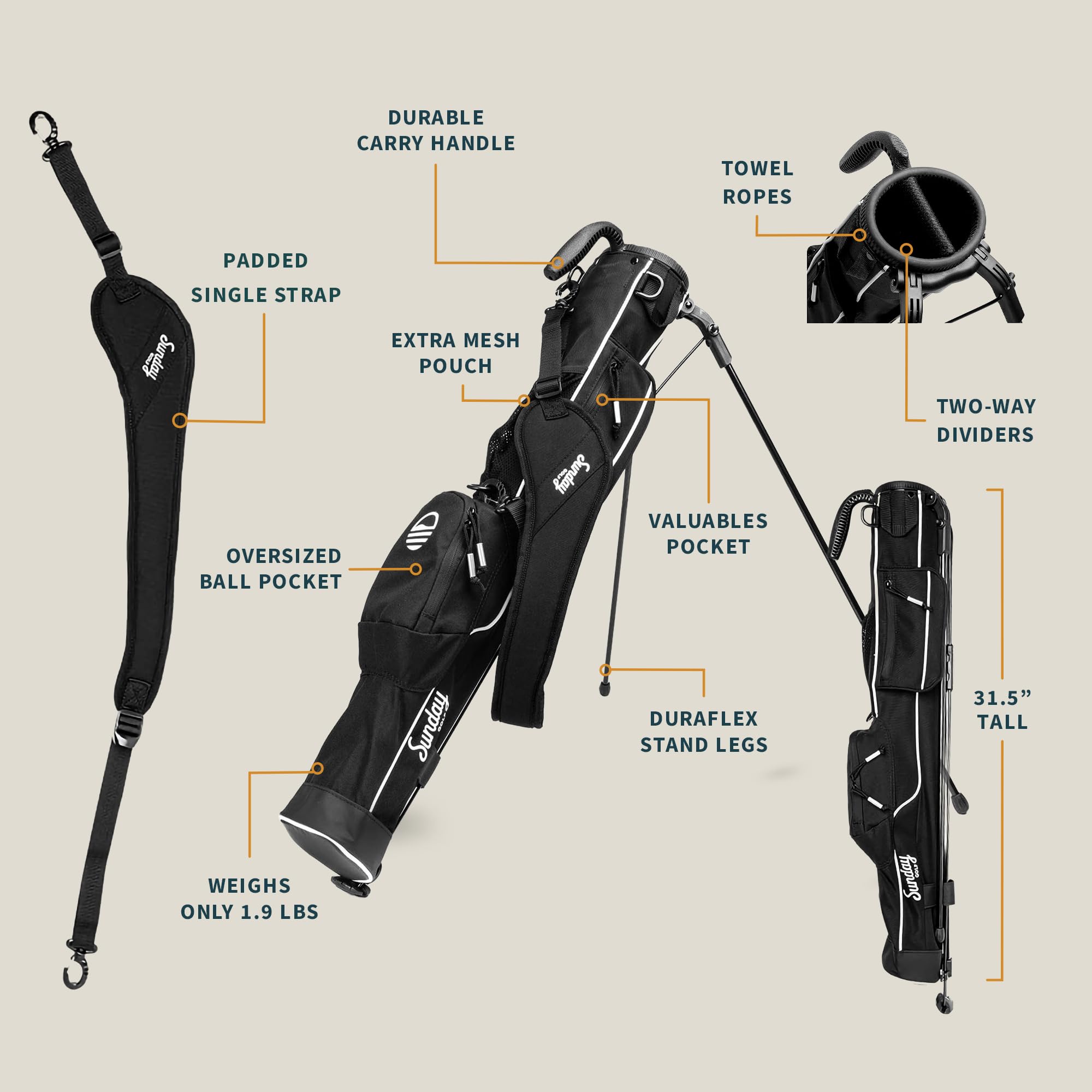 The Original Lightweight Sunday Golf Bag with Stand – Easy to Carry, Durable Pitch & Putt Bag for Driving Range, Par 3 & Executive Courses