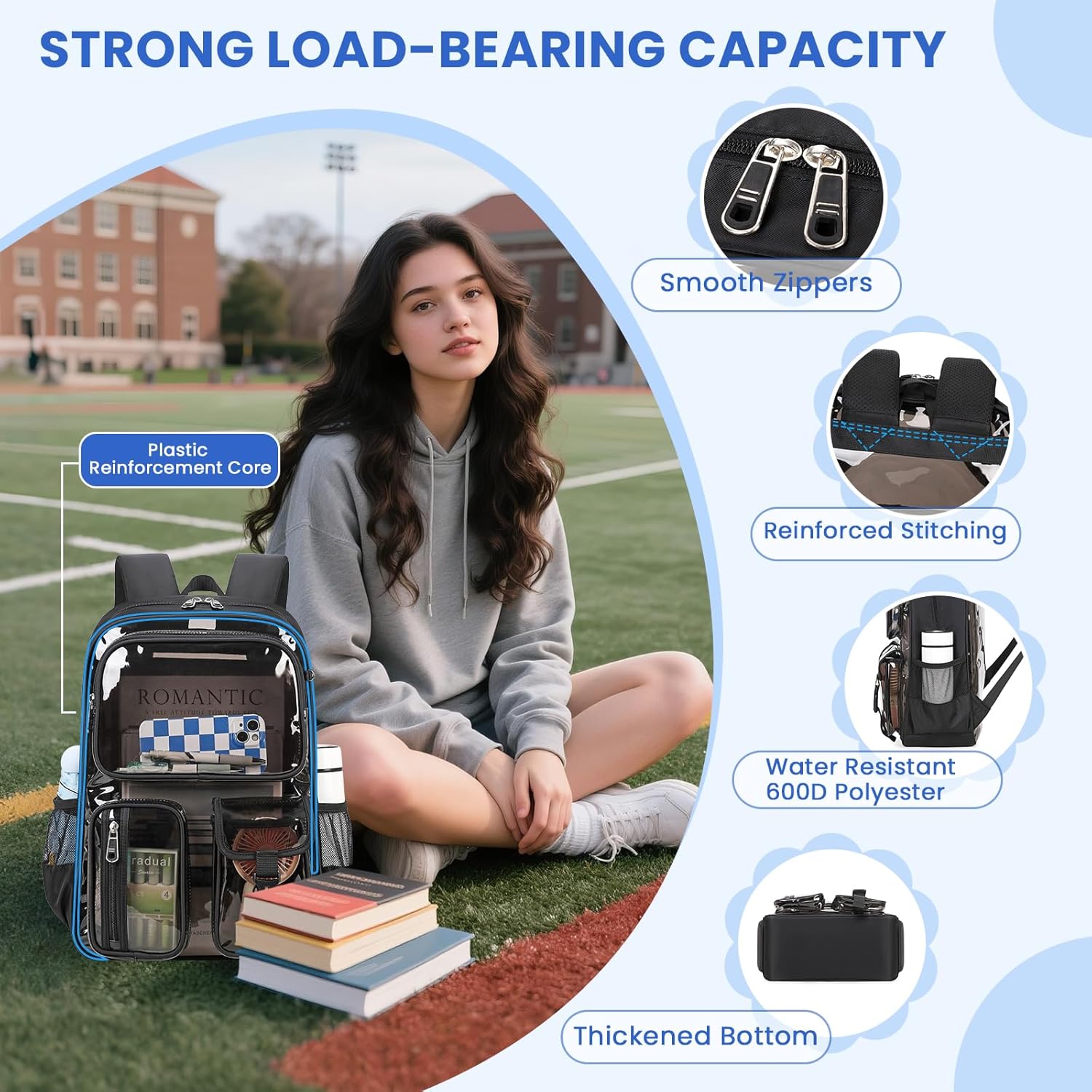 Skiennix Clear Backpack - Heavy Duty Transparent Bookbag for School | Semi-Black with Badge Holder