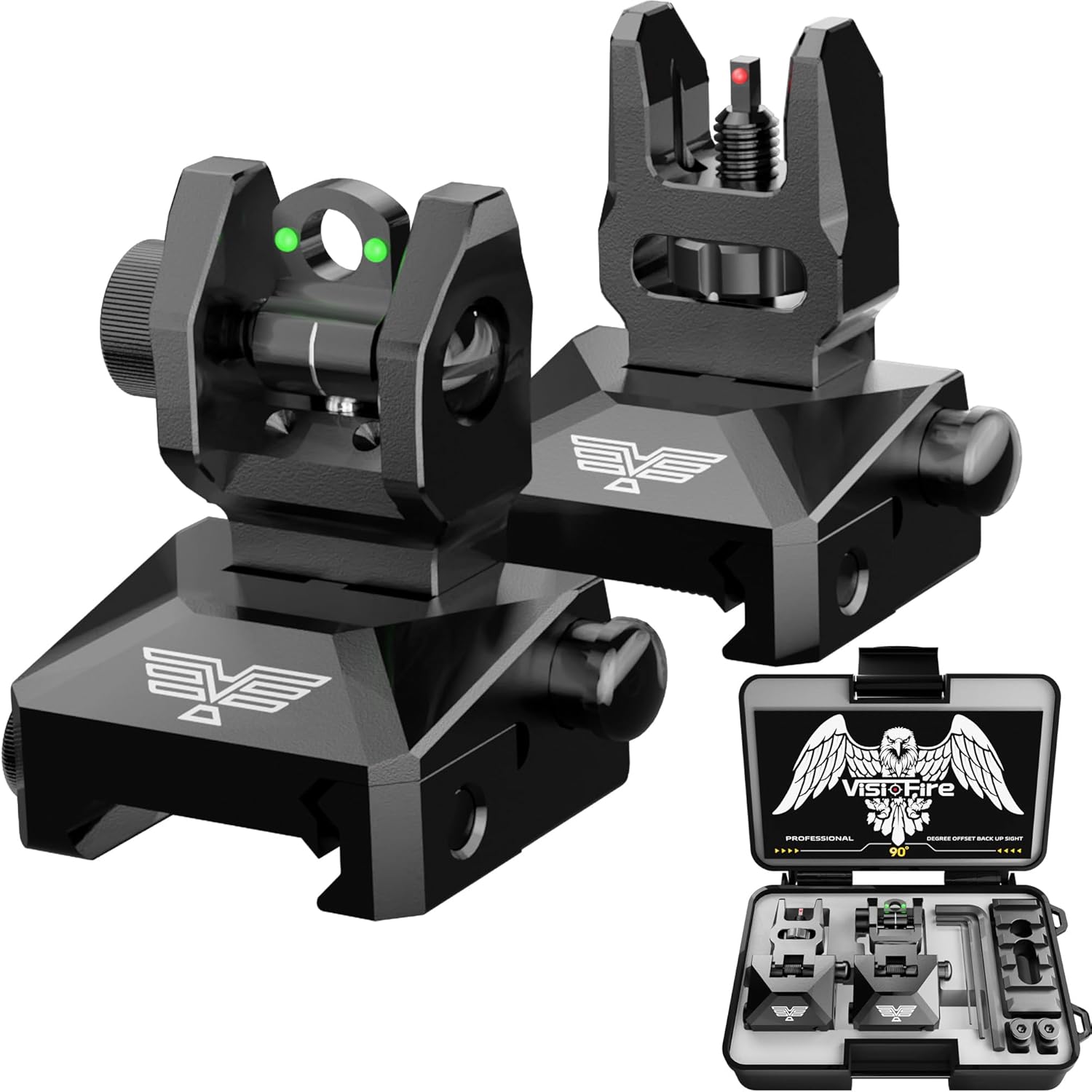 Visiofire Fiber Optic Iron Sights - Tool-Free Adjustable Flip Up Front & Rear Backup Sights | Red & Green Dots