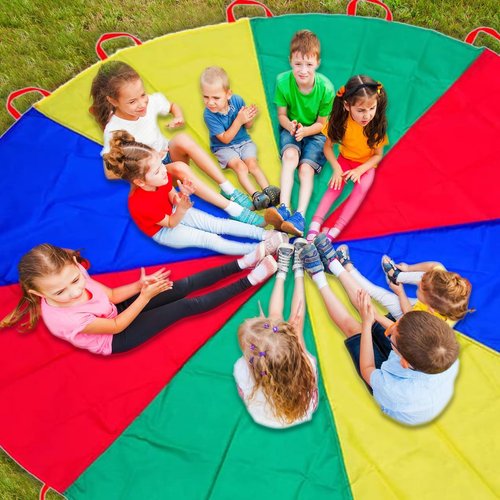 Dulousia Parachute 13ft - Gymnastics Parachute with Handles for Children Group Team Cooperative Games,Indoor Outdoor Gym Class Rainbow Parachute Birthday Church VBS Activity Field Days Supplies