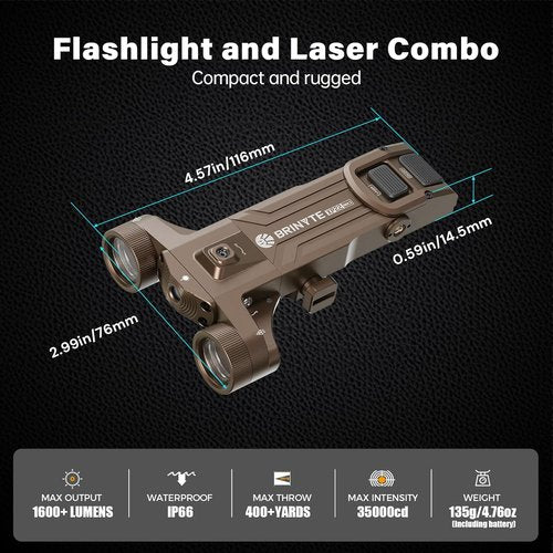 Brinyte XP22 MK3 Tactical Flashlight - 1600 Lumens Dual-Head with Green Laser & Rechargeable Design