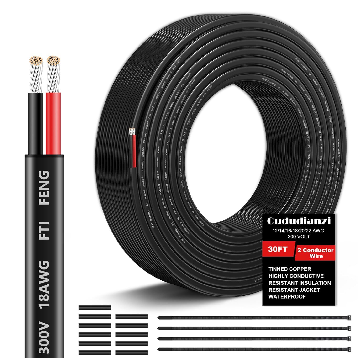 18 Gauge Wire - 2 Conductor Stranded PVC Cord | Flexible 12V Oxygen-Free Tinned Copper Cable (30FT)