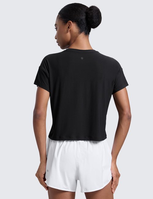 CRZ YOGA Cloudweight High Neck Workout Tops for Women Basic Athletic Lightweight Short Sleeve Shirts Loose Running T-Shirt Black Medium