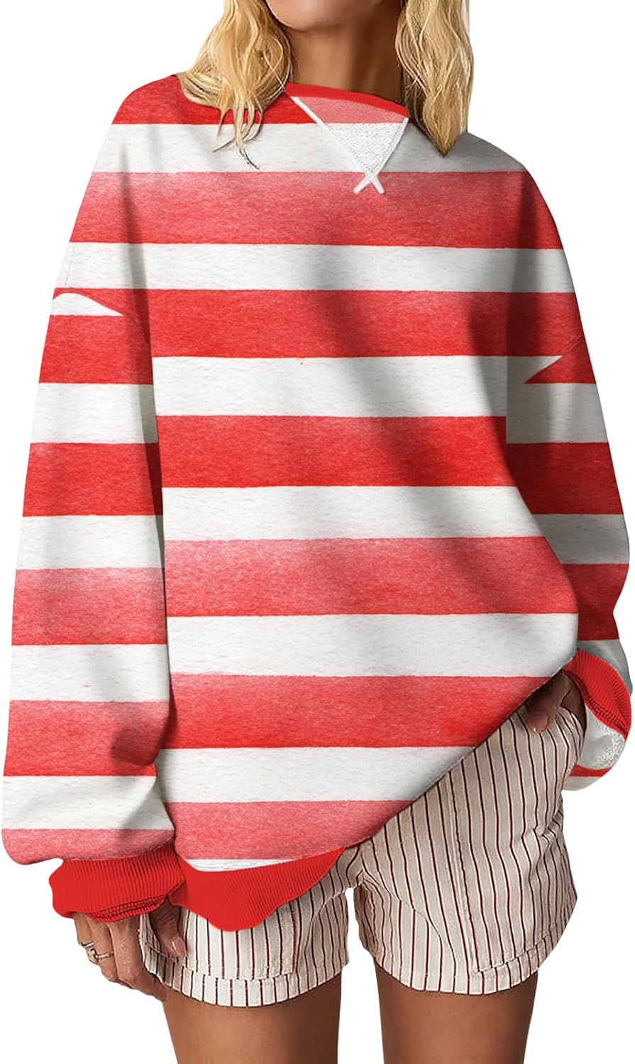 Skiennix Women's Classic Striped Long Sleeve Sweatshirt - Relaxed Fit Cotton Blend